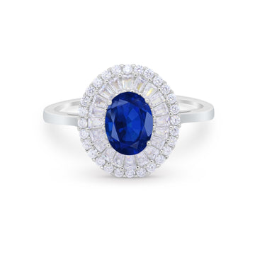 Art Deco Wedding Ring Oval Round Simulated Blue Sapphire CZ 925 Sterling Silver